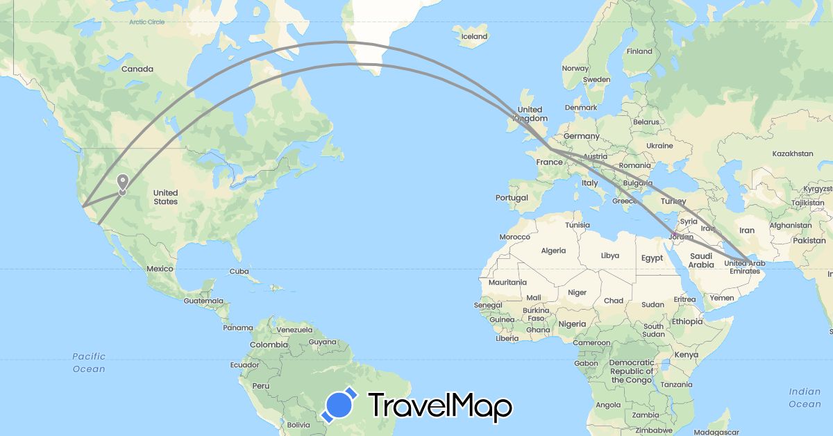 TravelMap itinerary: driving, plane, train in United Arab Emirates, Bahrain, France, Israel, United States (Asia, Europe, North America)