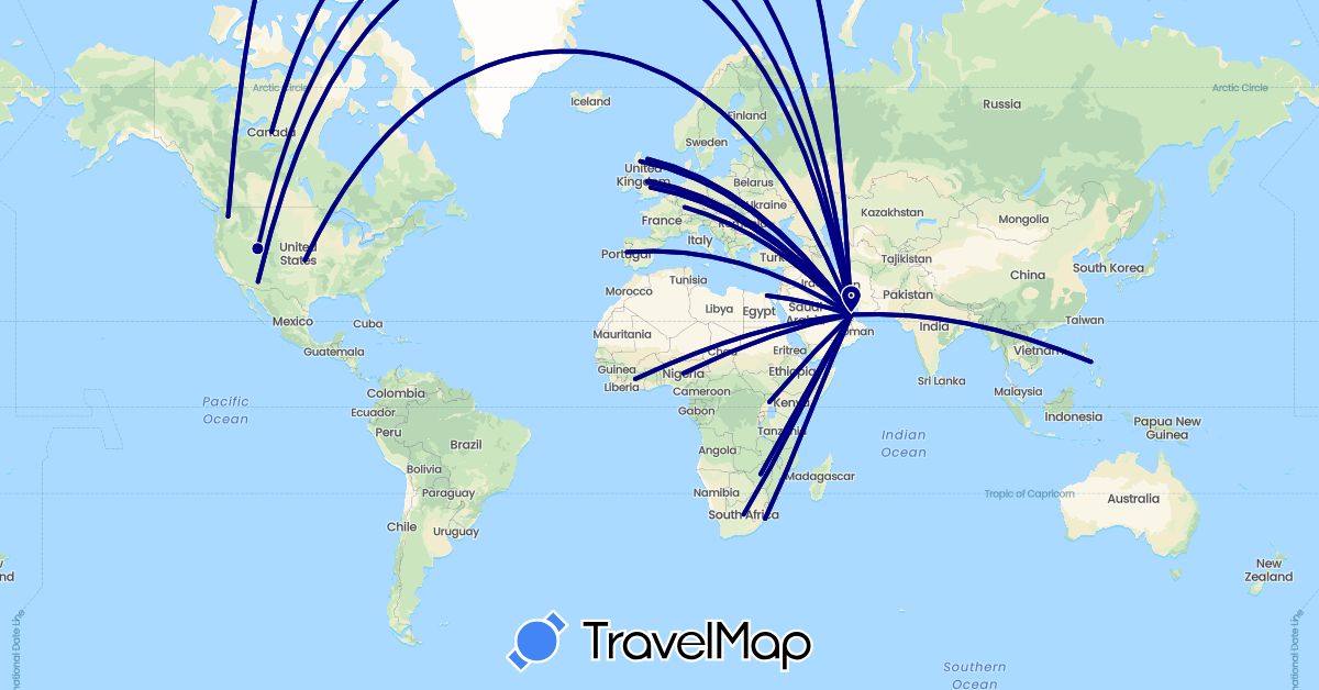 TravelMap itinerary: driving in United Arab Emirates, Canada, Côte d'Ivoire, Germany, Egypt, United Kingdom, Nigeria, Philippines, Portugal, Uganda, United States, South Africa, Zimbabwe (Africa, Asia, Europe, North America)