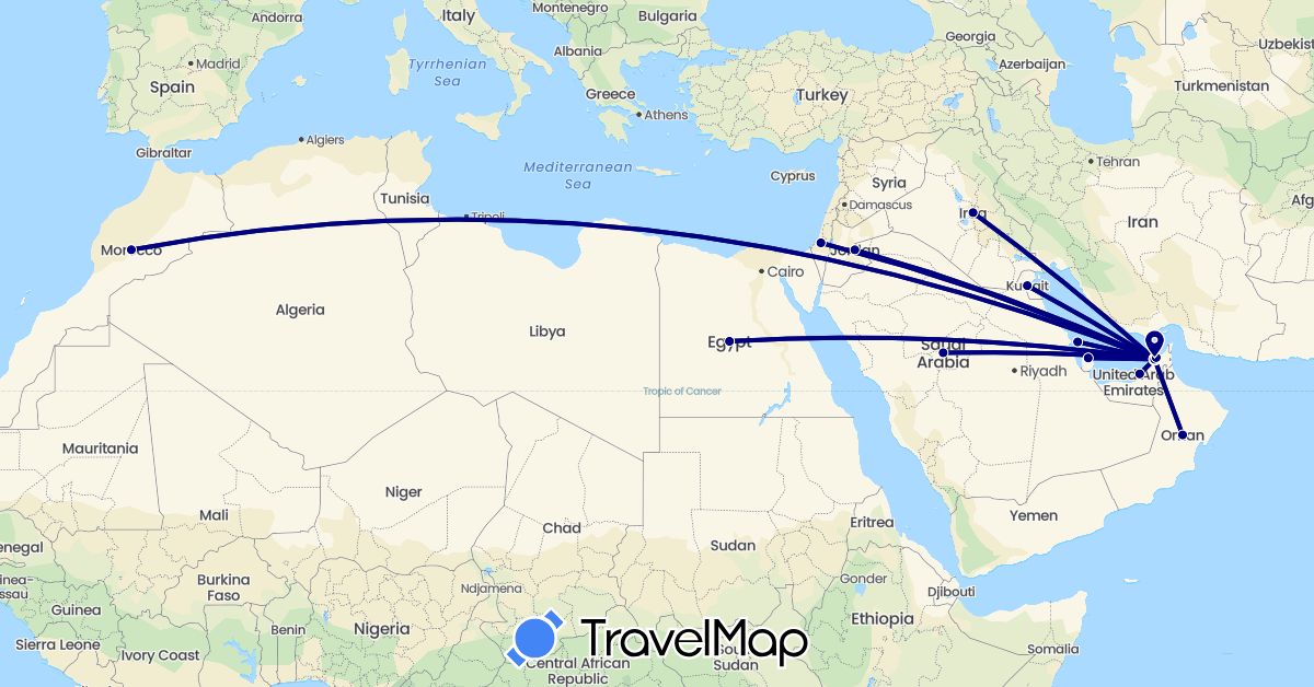 TravelMap itinerary: driving in United Arab Emirates, Bahrain, Egypt, Israel, Iraq, Jordan, Kuwait, Morocco, Oman, Qatar, Saudi Arabia (Africa, Asia)