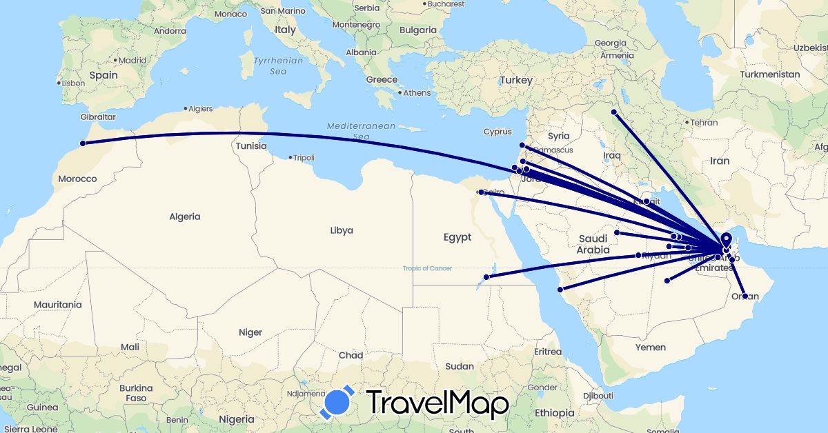 TravelMap itinerary: driving in United Arab Emirates, Bahrain, Egypt, Israel, Iraq, Jordan, Kuwait, Lebanon, Morocco, Oman, Qatar, Saudi Arabia (Africa, Asia)